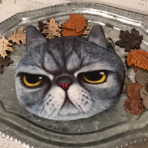 Grumpy Grey Kitty Cat Coin Purse - Picture 3 of 6